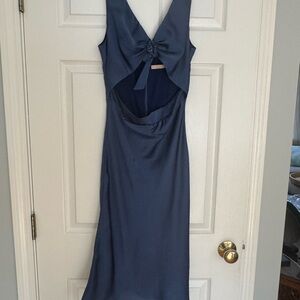Anthropology by Hutch Navy Blue Satin V-Neck Bow Front Cutout Midi Dress, size 8